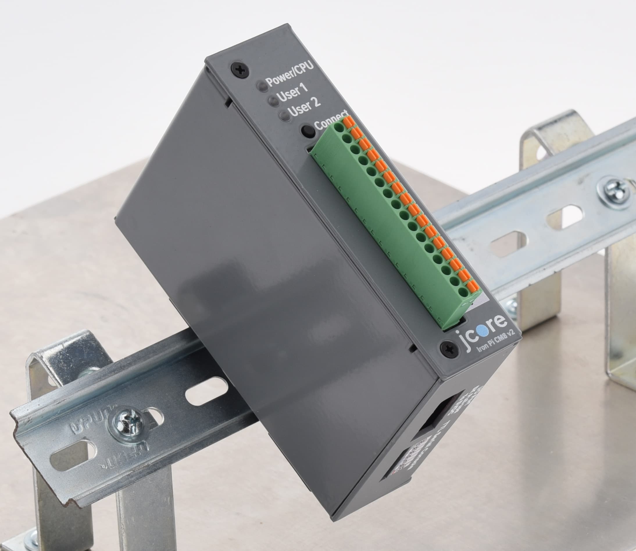 Iron Pi on DIN Rail Side view of Iron Pi on DIN rail.